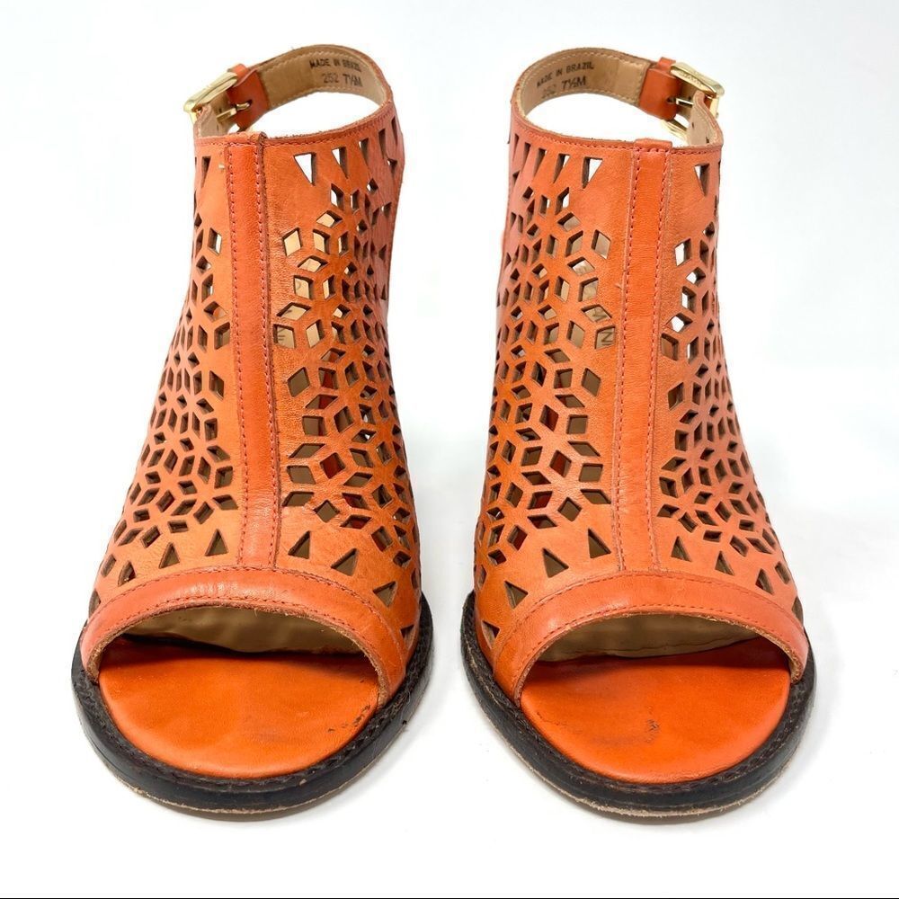 Rebecca Minkoff Laser Cut Peep Toe Orange Leather Block Heel Sandals Size 7.5 - Picture 3 of 9